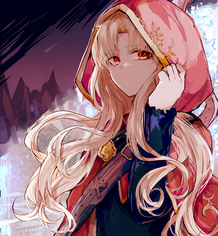 1girl arm_up belt black_dress blonde_hair brown_belt cape dress earrings ereshkigal_(fate) fate/grand_order fate_(series) hand_in_own_hair highres hood hood_up hoop_earrings jewelry light_frown long_hair mountainous_horizon red_cape red_eyes shooting_star sky sodamachi solo star_(sky) starry_sky twitter_username underworld very_long_hair