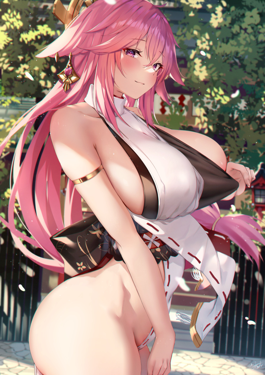 1girl absurdres armband bad_anatomy black_dress breasts closed_mouth clothes_pull commentary crossed_bangs day dress dress_pull genshin_impact hair_ornament highres japanese_clothes large_breasts light_smile long_hair looking_at_viewer nontraditional_miko open_mouth pink_eyes pink_hair revealing_clothes sidelocks solo tree two-tone_dress u_ronnta white_dress yae_miko