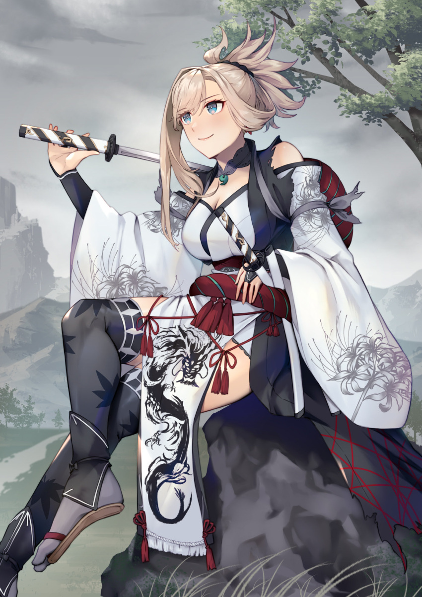 1girl bare_shoulders black_thighhighs blue_eyes bridal_gauntlets closed_mouth cloud commentary_request crossed_legs detached_sleeves fate/samurai_remnant fate_(series) grass grey_hair highres holding holding_sword holding_weapon japanese_clothes jewelry katana kimono lips magatama magatama_necklace miyamoto_musashi_(fate) nakaga_eri necklace official_alternate_costume on_rock outdoors pelvic_curtain pink_lips ponytail sitting sitting_on_rock smile solo sword thighhighs tree weapon white_kimono