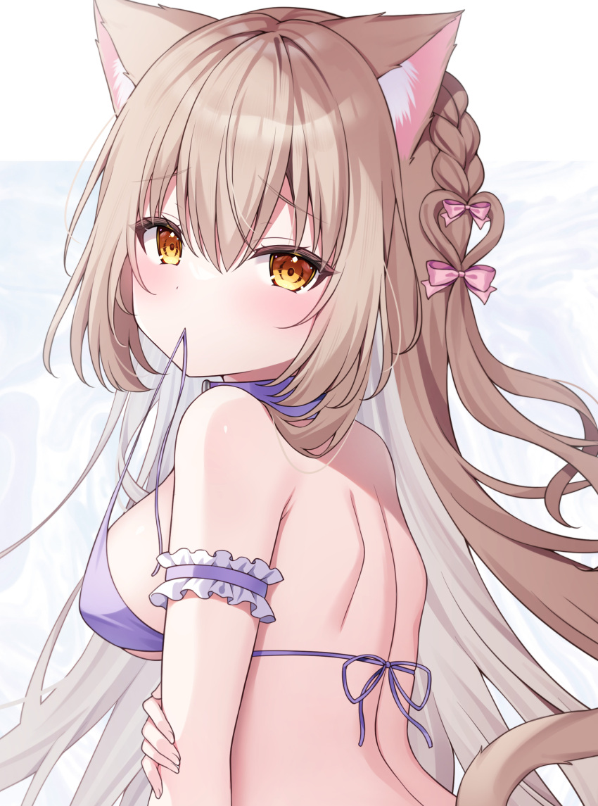 1girl absurdres animal_ear_fluff animal_ears bare_back bare_shoulders bikini blush bow braid breasts brown_eyes brown_hair cat_ears cat_girl clothes_in_mouth collar cropped dot_mouth dot_nose hair_bow heart-shaped_hair highres long_hair looking_at_viewer looking_back original paid_reward_available pink_bow purple_bikini shiono_(0303) single_braid strap_pull swimsuit tail