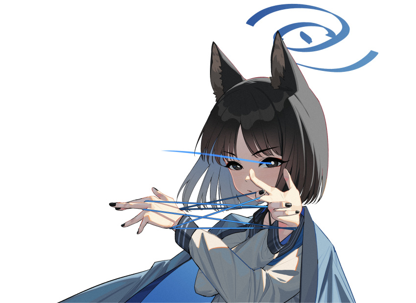 1girl absurdres animal_ears black_eyes black_hair black_nails blue_archive blue_halo cat's_cradle cat_ears chinese_commentary closed_mouth fingernails halo haori highres japanese_clothes kikyou_(blue_archive) long_sleeves nail_polish school_uniform serafuku short_hair simple_background solo upper_body white_background zidu_(9478296)