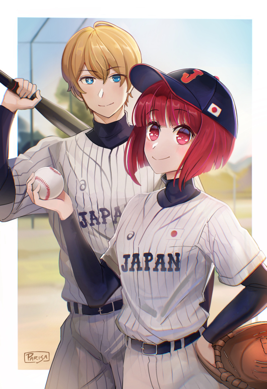 1boy 1girl arima_kana arm_at_side artist_name asics ball baseball baseball_bat baseball_jersey baseball_mitt baseball_stadium baseball_uniform belt black_belt black_headwear black_undershirt blonde_hair blue_eyes blunt_bangs blunt_ends blurry blurry_background blush bob_cut breasts closed_mouth clothes_writing commentary cowboy_shot depth_of_field hand_on_own_hip hand_up hat height_difference highres holding holding_ball holding_baseball_bat hoshino_aquamarine inverted_bob japanese_flag oshi_no_ko outside_border pants parisa_reaz pinstripe_pants pinstripe_pattern pinstripe_shirt playing_sports raised_eyebrows red_hair shirt side-by-side small_breasts smile sportswear standing striped white_pants white_shirt