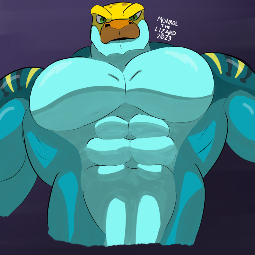 2023 abs anthro bedroom_eyes biceps big_muscles blue_body blue_scales collared_lizard common_collared_lizard countershade_torso countershading deltoids digital_media_(artwork) digital_painting_(artwork) green_eyes hi_res huge_muscles huge_pecs lizard looking_at_viewer looking_down looking_down_at_viewer low-angle_view male markings monroe_lehner monroethelizard multicolored_body multicolored_scales muscular muscular_anthro muscular_male narrowed_eyes nude open_mouth orange_body orange_scales pecs reptile scales scalie seductive shaded signature simple_background solo spots spotted_markings striped_markings stripes suggestive traps yellow_body yellow_scales