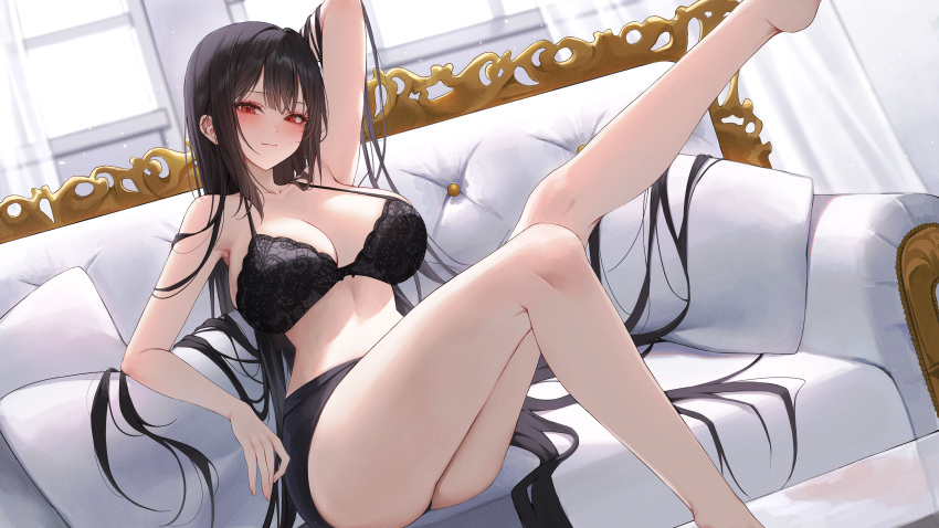 1girl absurdres ame_816 arm_behind_head arm_up black_bra black_hair black_skirt blush bra breasts cleavage closed_mouth couch cushion highres indoors leg_up light_particles long_hair looking_at_viewer miniskirt original red_eyes skirt solo thighs underwear very_long_hair window