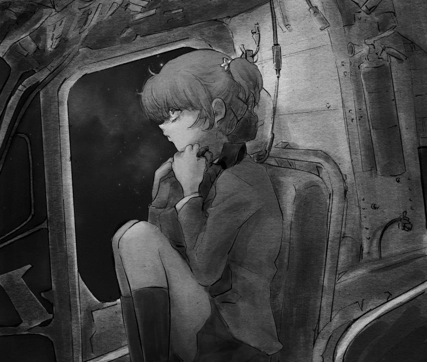 1girl absurdres alisa_(girls_und_panzer) asphyxiation backpack bag bags_under_eyes blazer closed_mouth feet_out_of_frame fire_extinguisher freckles from_side girls_und_panzer greyscale hair_ornament highres holding holding_bag jacket kneehighs knees_up long_sleeves looking_ahead monochrome on_chair payama pleated_skirt reference_request rolling_eyes school_uniform short_hair short_twintails sitting skirt socks solo space spacecraft_interior star_(sky) star_(symbol) star_hair_ornament tearing_up twintails