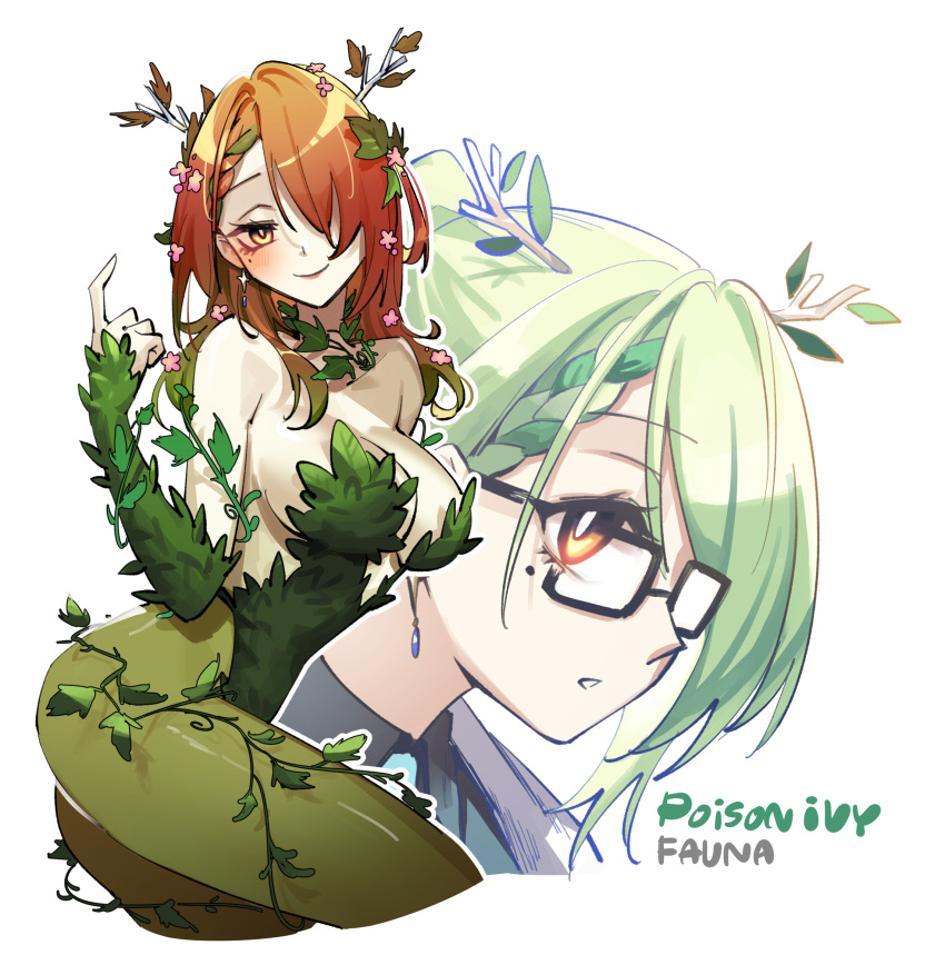 1girl adarin antlers blush braid branch breasts ceres_fauna cleavage cosplay dc_comics dual_persona flower glasses green_hair green_pantyhose hair_flower hair_ornament highres hololive hololive_english large_breasts lips long_hair looking_at_viewer makeup mole mole_under_eye multicolored_hair pantyhose plant poison_ivy poison_ivy_(cosplay) red_hair simple_background smile solo streaked_hair vines virtual_youtuber white_background yellow_eyes