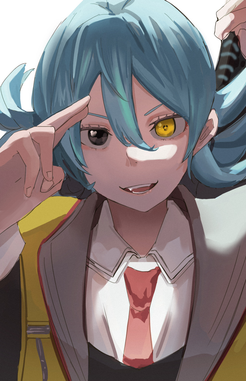 1girl ai_the_somnium_files ai_the_somnium_files:_nirvana_initiative black_eyes blue_hair collared_shirt commentary datemizuai fingernails hair_between_eyes heterochromia highres holding long_hair looking_at_viewer necktie okiura_mizuki open_mouth red_necktie salute shirt solo teeth two-finger_salute white_background yellow_eyes