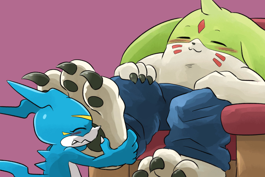 animated anthro bandai_namco blue_body blush bottomwear claws clothing denim denim_clothing digimon digimon_(species) duo foot_fetish foot_rub gargomon gigapawguin hi_res jeans long_ears male male/male pants short_playtime toe_claws veemon