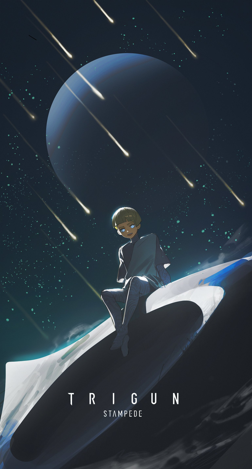 1boy absurdres aged_down arms_at_sides blonde_hair blue_eyes body_markings child citronplanet copyright_name desert diagonal_bangs english_text glowing highres looking_at_viewer male_focus meteor_shower millions_knives night night_sky on_ground outdoors planet robe short_hair sky smile smoke solo star_(sky) starry_sky trigun trigun_stampede