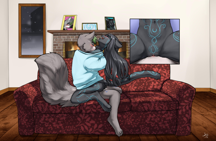 2014 absurd_res anthro anthro_on_anthro anthro_penetrated anthro_penetrating anthro_penetrating_anthro aogami balls_deep blue_markings blush bottomless brick brick_fireplace butt canid canine canis cheek_tuft clitoris clothed clothing cutaway detailed_background domestic_dog duo ears_back embrace eyes_closed facial_tuft felid female female_penetrated fire fireplace fluffy fluffy_tail from_front_position furniture genitals glistening glistening_hair green_highlights grey_hair hair hi_res highlights_(coloring) husky hybrid inside james_(skatelian) long_hair looking_pleasured male male/female male_penetrating male_penetrating_female mammal mana_roselani markings mastery_position navel night nordic_sled_dog on_sofa open_mouth open_smile pantherine penetration penile penile_penetration penis_in_pussy picture_frame pivoted_ears plant_print pussy sex sharing_clothing side_view sitting smile snow snowing sofa spitz straddling tail tuft vaginal vaginal_penetration window wolf wood_floor