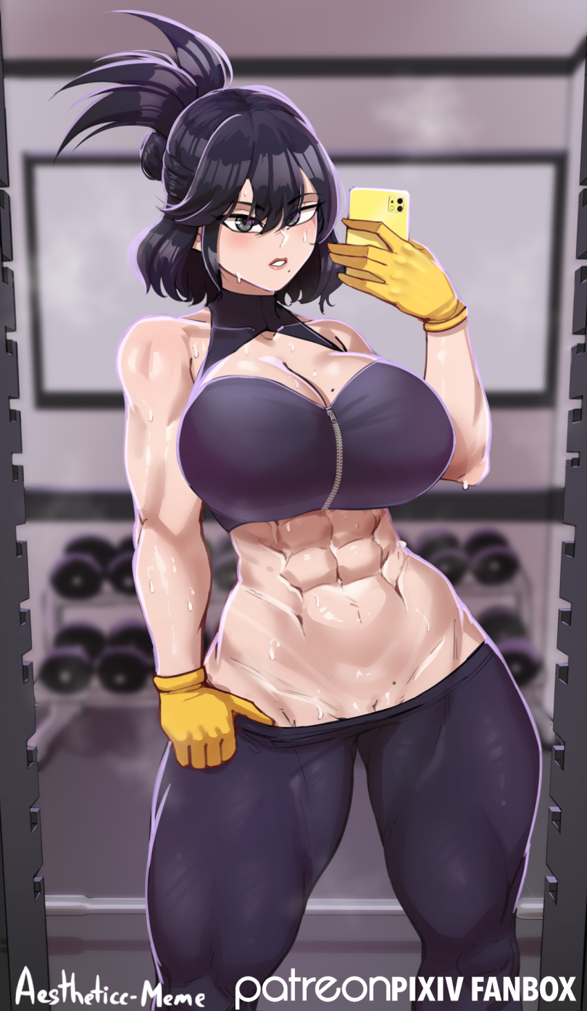 1girl abs aestheticc-meme black_hair blush boku_no_hero_academia breasts cellphone cleavage cowboy_shot flashing gloves grey_eyes gym highres holding holding_phone large_breasts leggings looking_at_viewer mole mole_on_breast mole_under_eye muscular muscular_female phone pussy pussy_peek selfie shimura_nana smartphone solo standing sweat weights yellow_gloves zipper