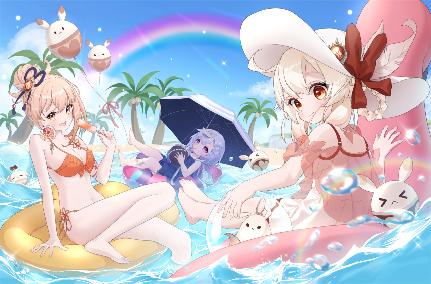 3girls :d absurdres afloat alternate_costume alternate_hairstyle arm_support bare_back barefoot beach bikini blue_sky blurry bow-shaped_hair braid breasts cleavage cloud cloudy_sky coconut coconut_tree commentary_request depth_of_field detached_sleeves dodoco_(genshin_impact) drinking_straw drinking_straw_in_mouth food frilled_one-piece_swimsuit frills genshin_impact hair_between_eyes hair_bun hair_ornament hairclip hat hat_ornament highres holding holding_food holding_innertube holding_popsicle horizon innertube jiangshi jumpy_dumpty klee_(genshin_impact) light_brown_hair long_hair looking_at_viewer medium_breasts multiple_girls navel neneko_sleep ofuda_on_head on_innertube one-piece_swimsuit orange_bikini orange_eyes outdoors palm_tree pointy_ears popsicle purple_eyes purple_hair qiqi_(genshin_impact) rainbow see-through_camisole short_sleeves side-tie_bikini_bottom sidelocks single_braid single_hair_bun sitting sky sleeveless smile spaghetti_strap stomach stuffed_animal stuffed_toy summer sun_hat swimsuit toes tree umbrella vision_(genshin_impact) water_drop wet wet_clothes wet_swimsuit white_one-piece_swimsuit yoimiya_(genshin_impact)