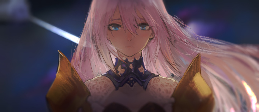 1girl armor blue_eyes blurry close-up depth_of_field expressionless floating_hair hair_between_eyes highres long_hair looking_at_viewer pink_hair shioda_(shioda_5) shionne_(tales) shoulder_armor solo straight-on tales_of_(series) tales_of_arise