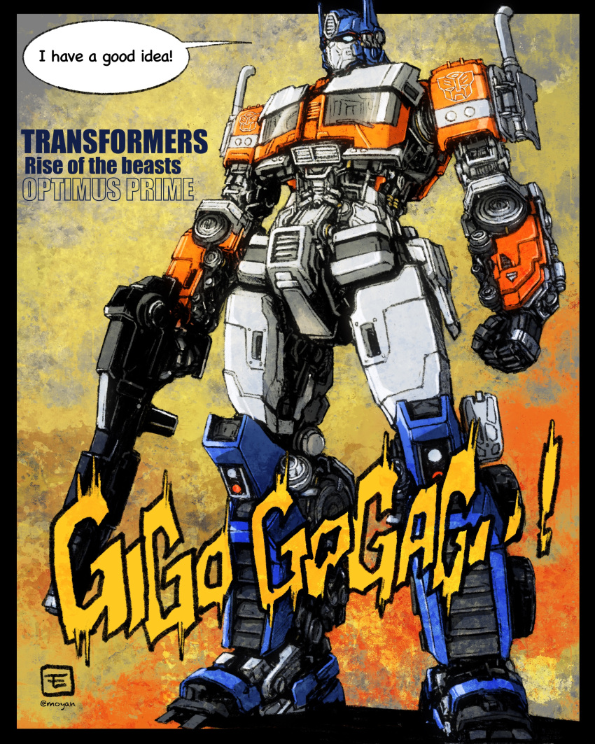 absurdres artist_name black_border blue_eyes border character_name clenched_hand copyright_name english_text full_body gun highres holding holding_gun holding_weapon mecha moyan no_humans optimus_prime procreate_(medium) robot shadow solo speech_bubble transformers transformers:_rise_of_the_beasts transformers_(live_action) weapon