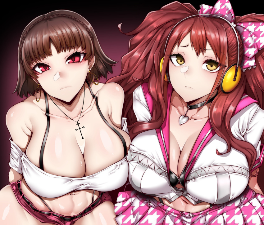 2girls absurdres braid breasts brown_hair cleavage earrings gggg headphones highres jewelry kujikawa_rise large_breasts looking_at_viewer multiple_girls necklace niijima_makoto persona persona_4 persona_5 red_eyes red_hair shiny_skin simple_background