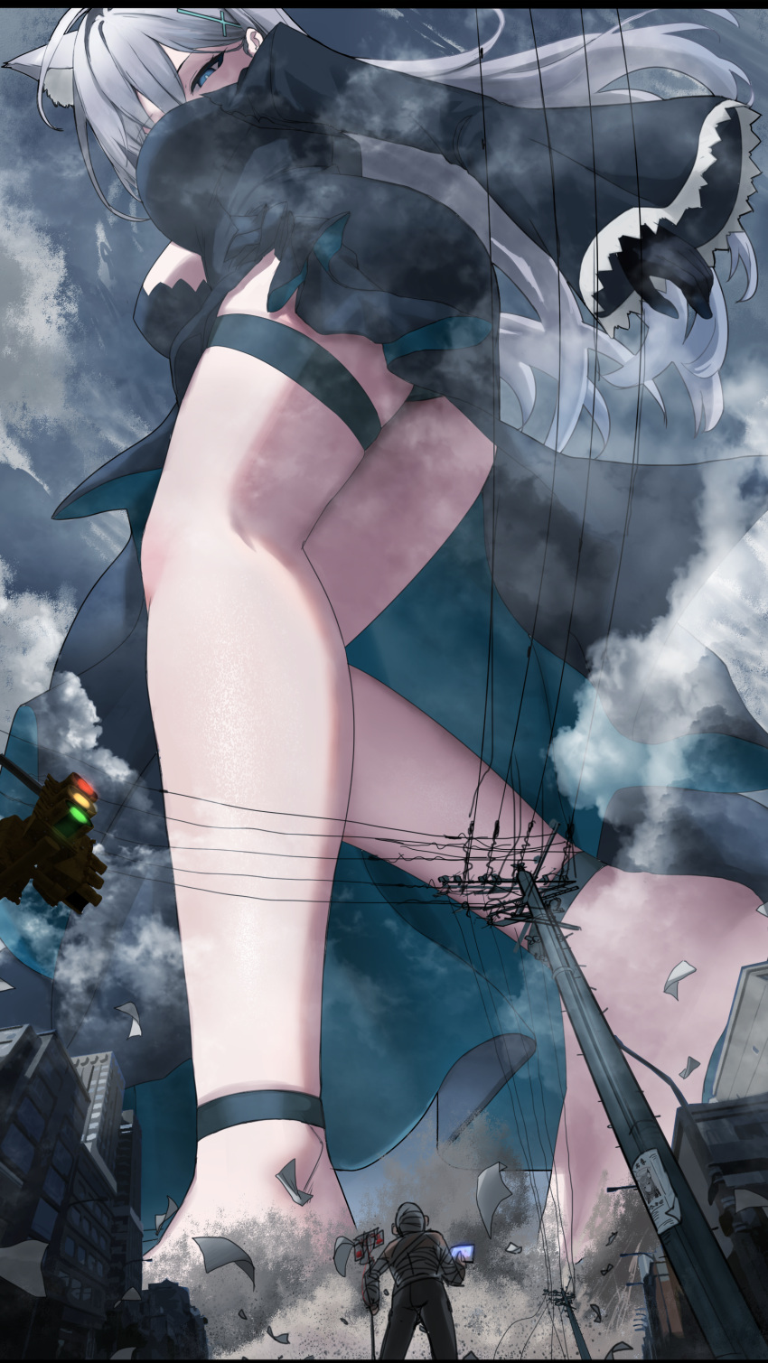 1boy 1girl absurdres ahoge animal_ears black_dress black_panties blue_archive blue_eyes breasts city cloud cross_hair_ornament destruction dress extra_ears frilled_sleeves frills from_below giant giantess grey_hair hair_ornament highres holding holding_tablet_pc large_breasts long_hair long_sleeves nz panties power_lines sensei_(blue_archive) shiroko_(blue_archive) shiroko_terror_(blue_archive) size_difference solo tablet_pc thigh_strap underwear wide_sleeves wolf_ears
