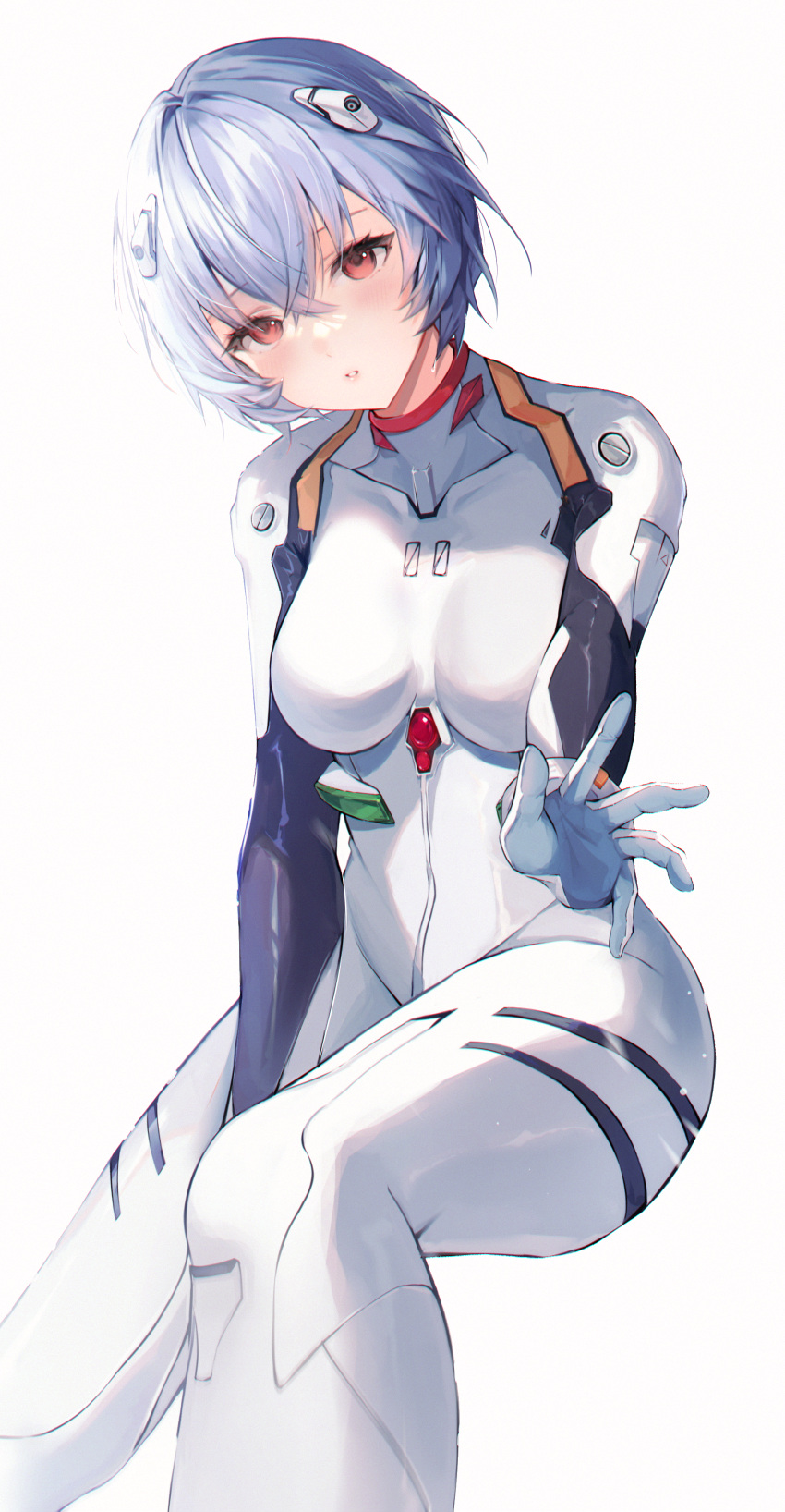 1girl absurdres arm_between_legs ayanami_rei blue_hair bodysuit breasts breasts_apart covered_collarbone crossed_bangs hair_between_eyes hairpods head_tilt highres hum_(ten_ten) invisible_chair latex medium_breasts neon_genesis_evangelion open_hand parted_lips pilot_suit plugsuit red_eyes short_hair simple_background sitting solo thighs white_background white_bodysuit