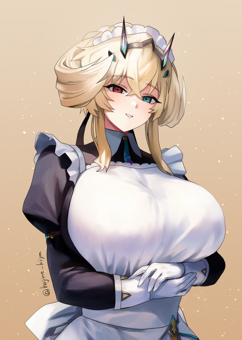 1girl absurdres apron barghest_(fate) barghest_(swimsuit_archer)_(fate) barghest_(swimsuit_archer)_(second_ascension)_(fate) black_dress blonde_hair breasts collared_dress dress fate/grand_order fate_(series) gloves green_eyes grin heterochromia highres horns huge_breasts kiya_hajime long_sleeves looking_at_viewer maid maid_headdress medium_hair red_eyes smile white_apron white_gloves