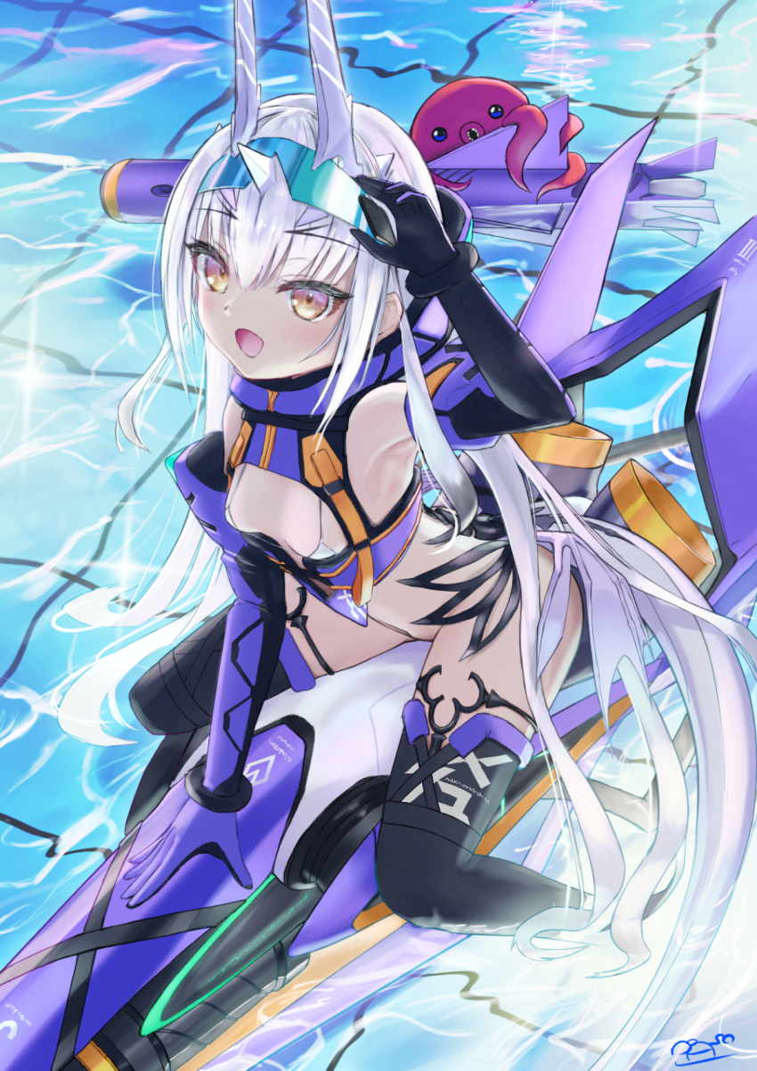 1girl asobeco bare_shoulders bikini black_gloves black_thighhighs blue_gloves breasts detached_sleeves dragon_tail elbow_gloves fate/grand_order fate_(series) forked_eyebrows gloves goggles goggles_on_head highres horns long_hair looking_at_viewer melusine_(fate) melusine_(swimsuit_ruler)_(fate) navel octopus pool sidelocks small_breasts swimsuit tail thighhighs thighlet torpedo two-tone_gloves water white_bikini white_hair yellow_eyes