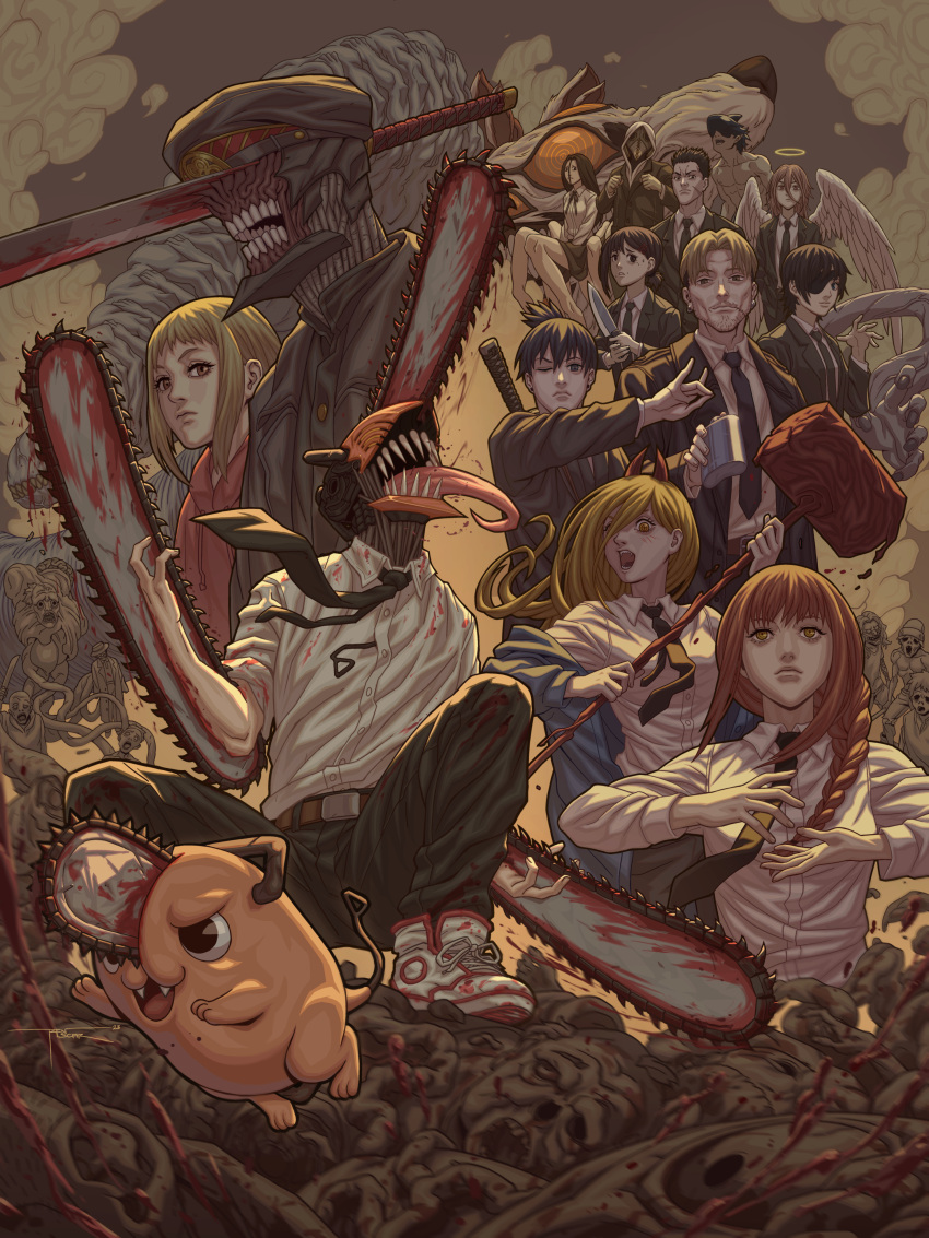 absurdres angel_devil_(chainsaw_man) angel_wings arthropod_girl beam_(chainsaw_man) black_coat black_hair black_jacket black_necktie black_pants blonde_hair blood blood_on_clothes blood_on_weapon blood_spray blue_jacket braid braided_ponytail brown_hair chainsaw_man coat collared_shirt debt_collector_(chainsaw_man) denji_(chainsaw_man) extra_legs eyepatch facial_hair facing_to_the_side facing_viewer flask floating_necktie formal fox_devil_(chainsaw_man) fox_shadow_puppet ghost_devil_(chainsaw_man) hair_over_one_eye hair_over_shoulder halo hammer hayakawa_aki higashiyama_kobeni highres himeno_(chainsaw_man) hirokazu_arai_(chainsaw_man) holding holding_flask holding_hammer holding_knife horns huge_weapon jacket katana katana_man_(chainsaw_man) kishibe_(chainsaw_man) knife long_hair looking_at_viewer looking_to_the_side makima_(chainsaw_man) medium_hair multiple_legs necktie one_eye_closed open_mouth pants parted_lips pile_of_corpses plague_doctor_mask pochita_(chainsaw_man) prinz_(chainsaw_man) red_eyes red_hair red_horns ren_escar ringed_eyes sawatari_akane_(chainsaw_man) scar scar_on_face sharp_teeth shirt shirt_tucked_in short_hair short_ponytail sidelocks sign single_sidelock smile snake_devil_(chainsaw_man) spider_girl squatting stitched_mouth stitches stubble suit suit_jacket sword teeth tongue tongue_out topknot topless_male violence_devil_(chainsaw_man) weapon weapon_on_back white_shirt wings zombie zombie_devil_(chainsaw_man)