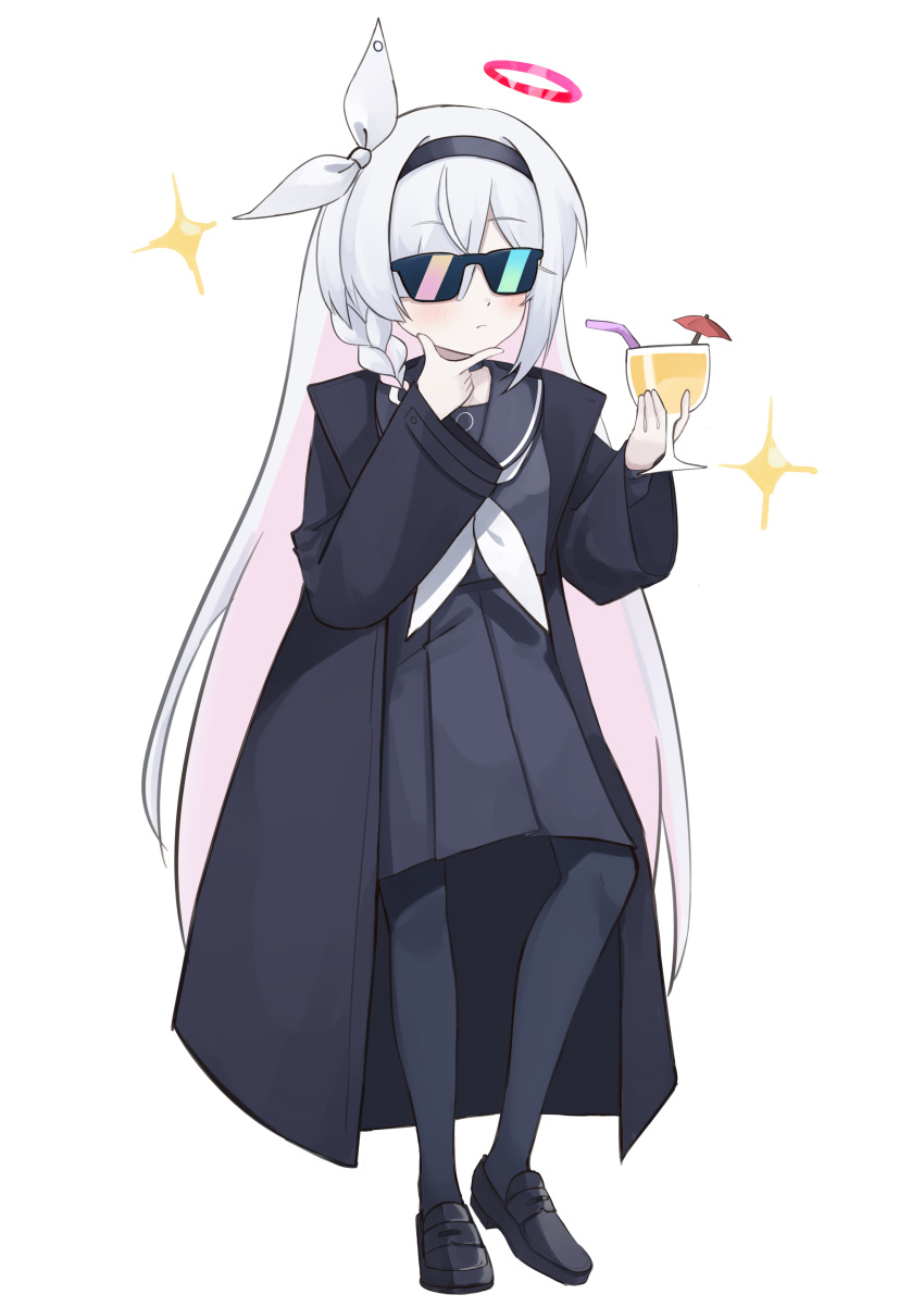 1girl a.r.o.n.a_(blue_archive) absurdres black_hairband black_jacket black_pantyhose black_serafuku blue_archive cocktail_umbrella colored_inner_hair cup drinking_glass drinking_straw full_body hairband halo highres holding holding_cup jacket long_hair multicolored_hair neckerchief open_clothes open_jacket pantyhose pepsi2330 pink_hair ribbon sailor_collar school_uniform serafuku solo sparkle white_hair white_neckerchief white_ribbon