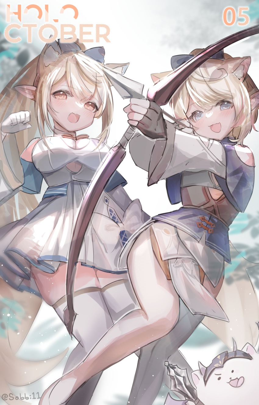2girls absurdres animal_ears blonde_hair blue_bow blue_eyes bow bow_(weapon) breasts cleavage_cutout clothing_cutout cosplay creature cutout_above_navel detached_sleeves dog_ears dog_girl dog_tail english_commentary extra_ears fingerless_gloves fuwawa_abyssgard gloves hair_bow halter_shirt halterneck high_ponytail highres holding holding_bow_(weapon) holding_weapon hololive hololive_english large_breasts miniskirt mococo_abyssgard multicolored_hair multiple_girls perroccino_(fuwamoco) pink_eyes pink_hair pleated_skirt pointy_ears shiranui_flare shiranui_flare_(1st_costume) shiranui_flare_(cosplay) shiranui_flare_(old_design) shirogane_noel shirogane_noel_(cosplay) shirt short_hair single_thighhigh skirt skirt_set sobbi11 streaked_hair tail thighhighs underbust virtual_youtuber weapon white_gloves white_shirt white_skirt