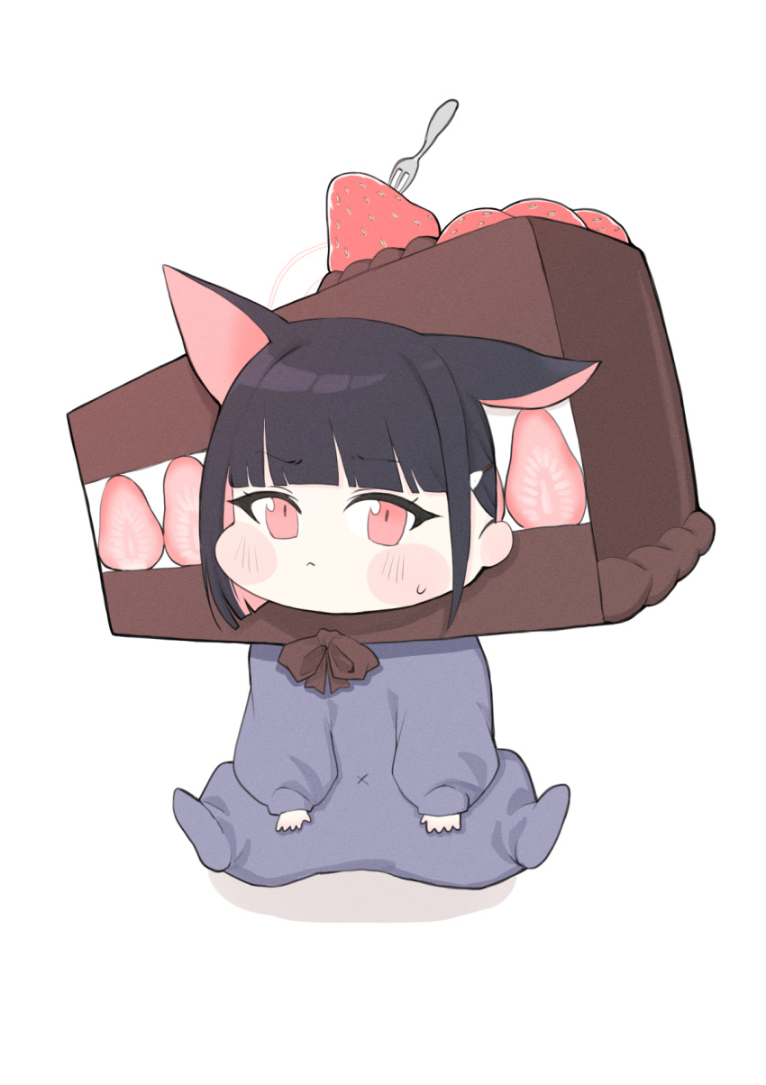 1girl animal_ears black_hair blue_archive blunt_bangs cake cat_ears cat_girl chibi clitoris commentary_request extra_ears food food_costume hair_ornament hairclip halo highres kazusa_(blue_archive) long_sleeves looking_at_viewer red_eyes short_hair sidelocks simple_background sitting sleepwear solo strawberry_shortcake sweatdrop white_background yosik