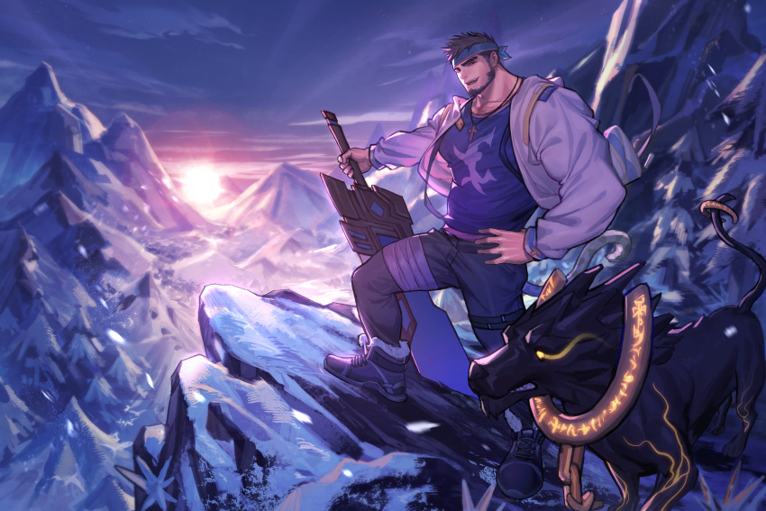 1boy absurdres baimeme bara beard black_dog blue_headband blue_tank_top brown_hair commentary_request commission dungeon_and_fighter facial_hair headband highres jacket male_focus male_priest_(dungeon_and_fighter) mountain muscular muscular_male outdoors planted planted_sword second-party_source snow solo sword tank_top weapon white_jacket