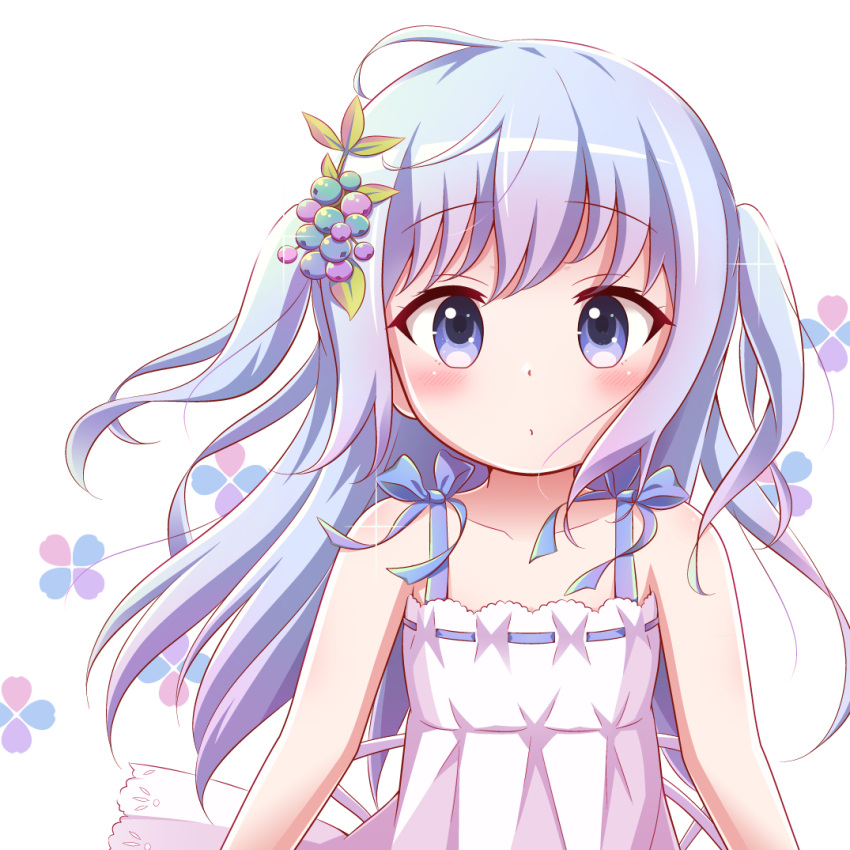 1girl bare_arms bare_shoulders blue_eyes blue_hair blueberry_hair_ornament blush closed_mouth collarbone commentary_request dress floral_background food-themed_hair_ornament glint gochuumon_wa_usagi_desu_ka? goth_risuto hair_ornament kafuu_chino long_hair looking_at_viewer revision ribbon-trimmed_dress simple_background sleeveless sleeveless_dress solo two_side_up very_long_hair white_background white_dress