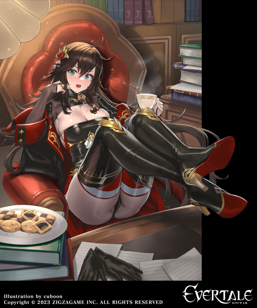 1girl ahoge aqua_eyes armchair artist_name ass book bookshelf boots breasts bridal_gauntlets brown_hair chair coat commentary_request company_connection cookie copyright_name crossed_legs cuboon cup detached_sleeves dress evertale food full_body gloves gold_trim hair_ornament high_heel_boots high_heels highres holding holding_cup holding_food indoors lips logo long_hair long_sleeves looking_at_viewer medium_breasts official_art open_mouth panties paper plate short_dress simple_background solo steam table tea teeth thigh_boots thighs turtleneck underwear upper_teeth_only
