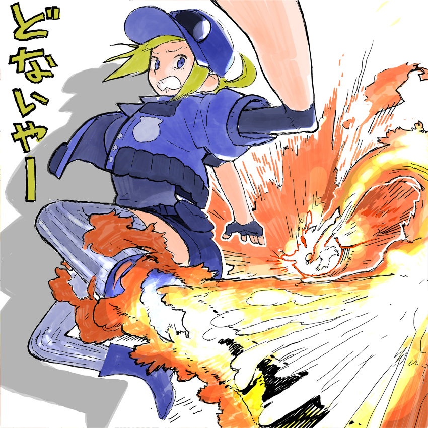 absurdres baseball_cap belt belt_pouch blue_belt blue_eyes blue_footwear blue_gloves blue_headwear blue_jacket blue_shirt blue_shorts blue_thighhighs boots clenched_teeth commentary_request explosion final_fight fingerless_gloves flame_trail flaming_leg floating_hair foreshortening furrowed_brow gloves grimace gundam_(vxrwvww) hat highres jacket kicking knee_boots long_hair looking_at_viewer low_ponytail lucia_morgan midair motion_lines open_clothes open_jacket pouch puffy_short_sleeves puffy_sleeves ribbed_shirt ribbed_thighhighs shadow shirt short_shorts short_sleeves shorts sleeves_past_elbows street_fighter street_fighter_v teeth thighhighs translation_request undershirt white_background