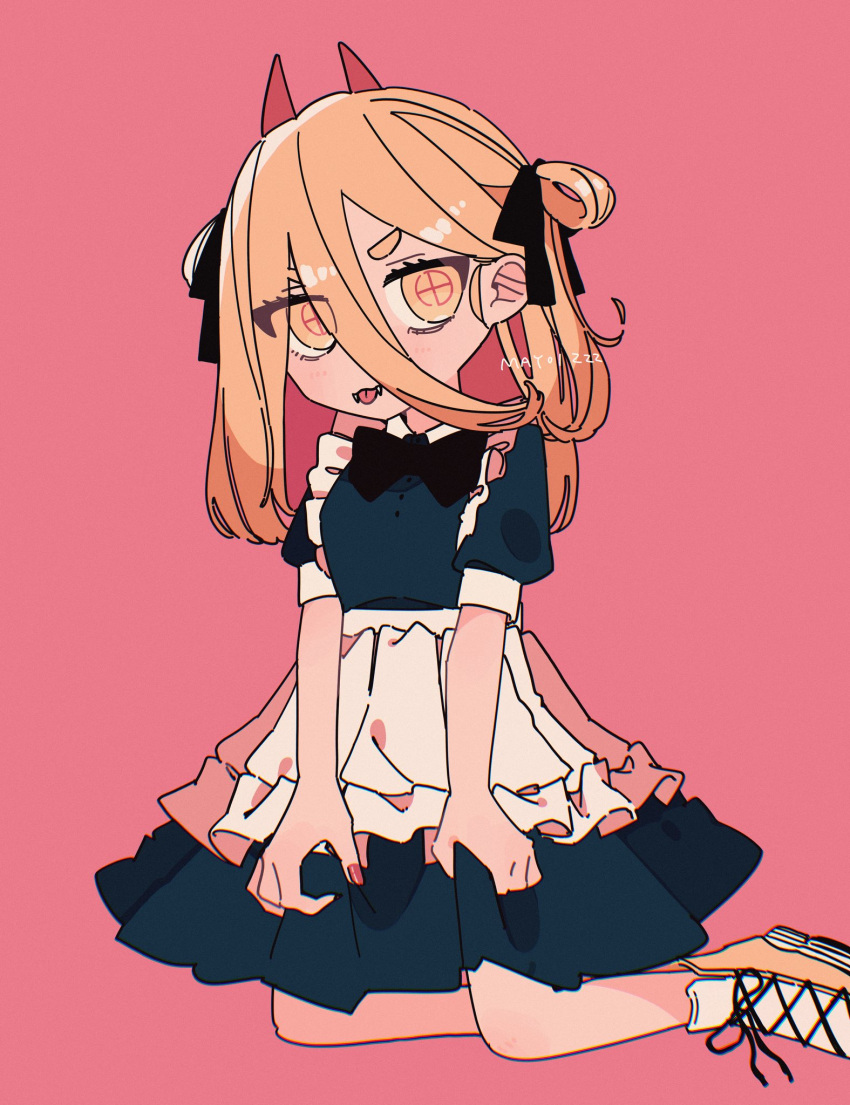 1girl apron black_bow black_bowtie blue_dress bow bowtie chainsaw_man dress dress_grab fangs flipped_hair full_body hair_between_eyes hair_bow hair_rings highres horns kneeling light_blush light_brown_hair long_hair looking_at_viewer maid mayoi_zzz nail_polish pink_background power_(chainsaw_man) puffy_short_sleeves puffy_sleeves red_horns red_nails shoes short_eyebrows short_sleeves simple_background sneakers solo straight_hair symbol-shaped_pupils thick_eyebrows tongue tongue_out waist_apron white_apron yellow_eyes yellow_footwear