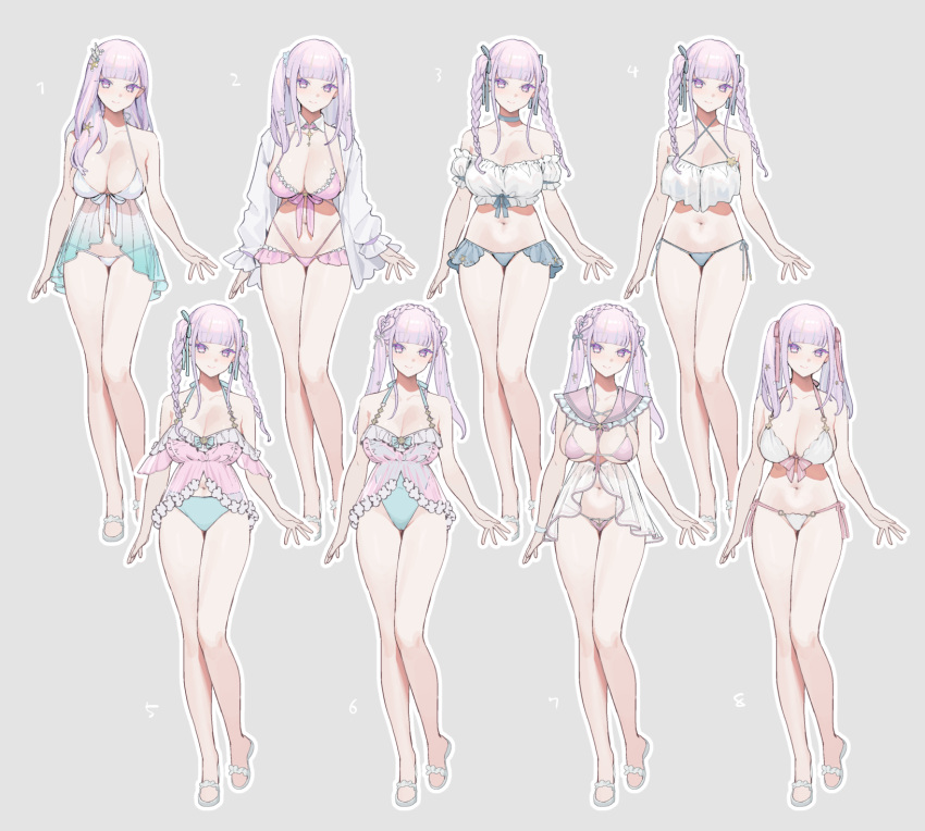 1girl alternate_costume azur_lane bikini blunt_bangs braid breasts cleavage collarbone highres large_breasts long_hair looking_at_viewer navel official_alternate_costume ohisashiburi pink_bikini plymouth_(azur_lane) plymouth_(heart-throbbing_refreshment)_(azur_lane) purple_eyes purple_hair simple_background solo_focus stomach swimsuit thighs twin_braids twintails white_bikini