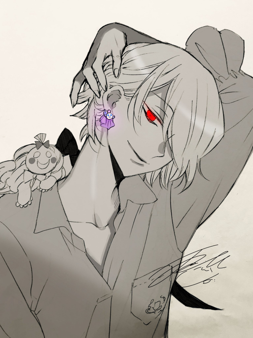 1boy arm_above_head breast_pocket closed_mouth collared_shirt doll doll_on_shoulder earrings gem glowing glowing_eye greyscale hair_behind_ear hair_over_one_eye hair_tucking hand_on_own_head head_tilt highres jewelry long_sleeves looking_at_viewer male_focus mochizuki_jun monochrome open_collar pandora_hearts pink_gemstone pocket purple_gemstone red_eyes shirt short_hair signature simple_background smile solo spot_color upper_body white_background xerxes_break