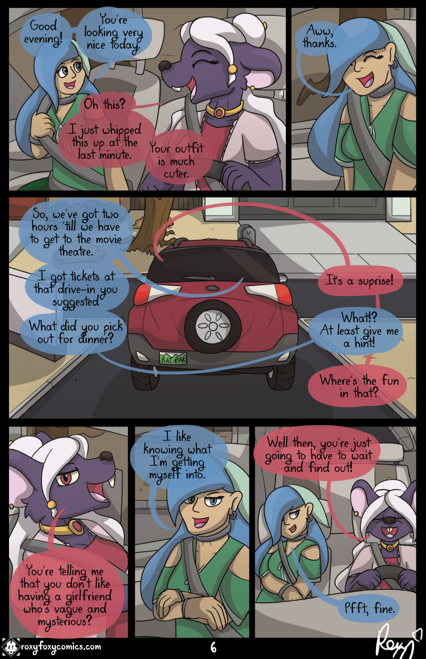 absurd_res anthro autumn car clothed clothing comic date dialogue driving duo female hi_res human jewelry mammal murid murine outside rat rodent roxythefoxy vehicle