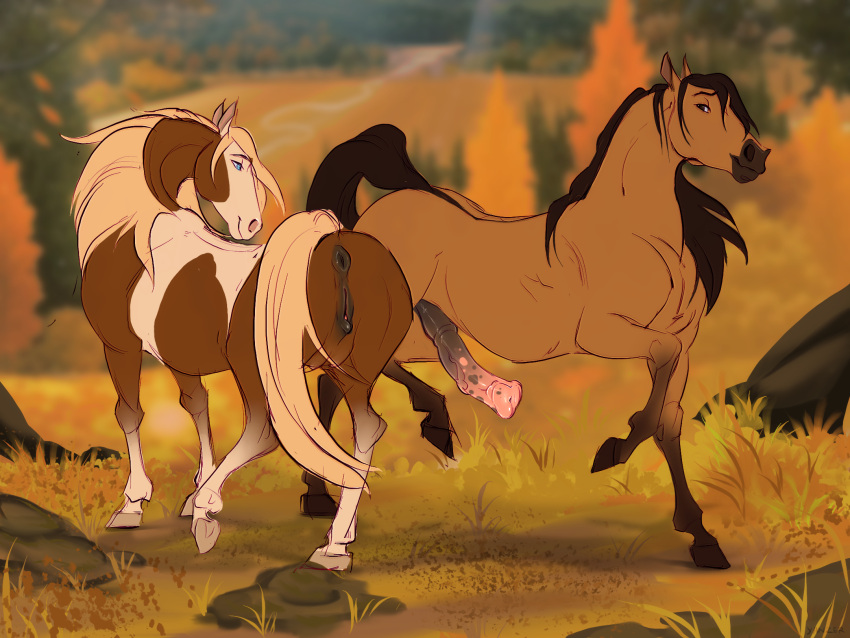 anatomically_correct anatomically_correct_genitalia anatomically_correct_penis anatomically_correct_pussy animal_genitalia animal_penis animal_pussy anus big_penis blonde_hair brown_body brown_fur butt canon_couple dreamworks duo equid equine equine_genitalia equine_penis equine_pussy erection female feral fur genitals hair hi_res hooves horse male male/female mammal outside penis pussy rain_(cimarron) smile spirit:_stallion_of_the_cimarron spirit_(cimarron) tan_body tan_fur yanzer