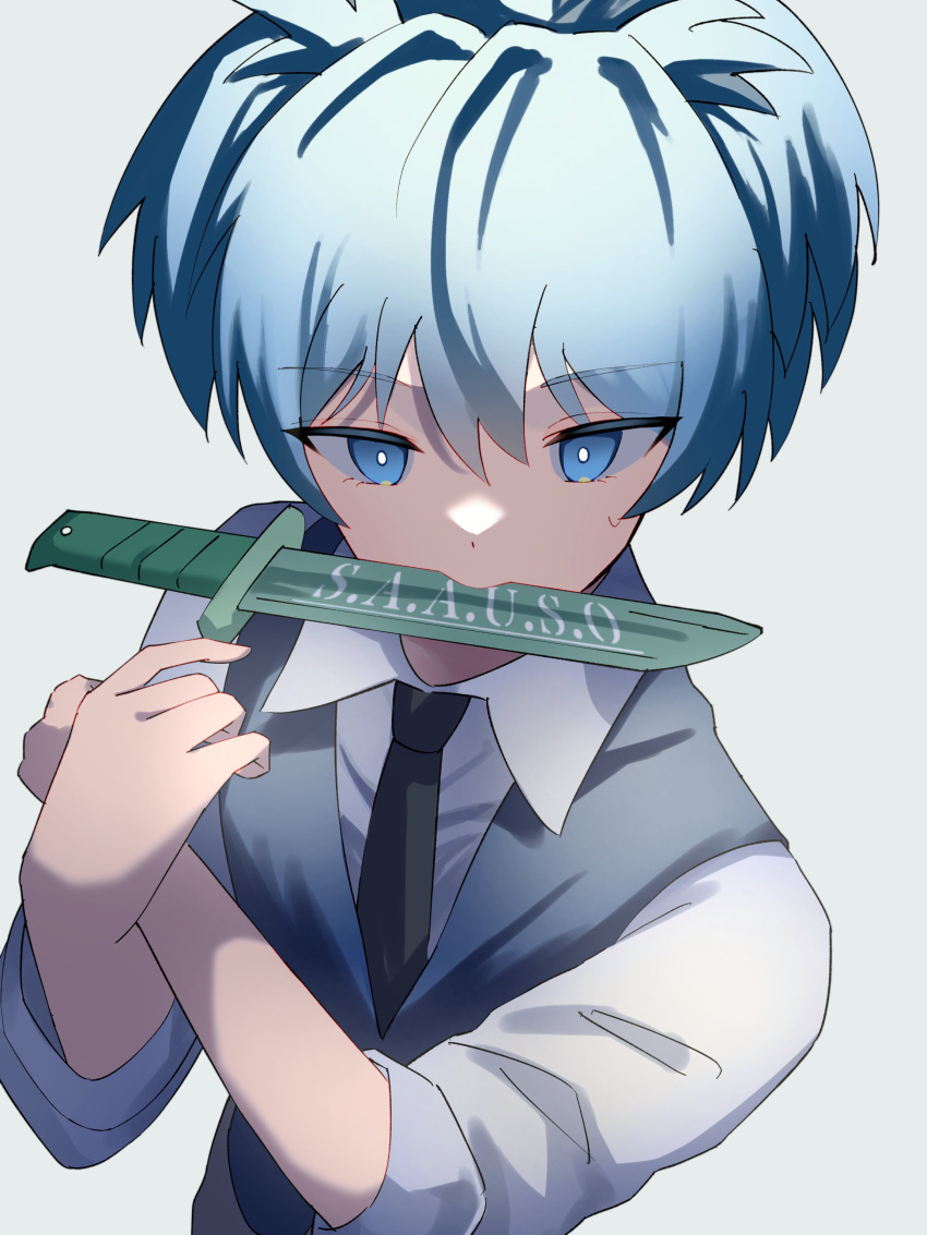 1boy absurdres ansatsu_kyoushitsu black_necktie blue_eyes blue_hair collared_shirt grey_background highres knife_in_mouth long_sleeves male_focus mouth_hold necktie school_uniform shiota_nagisa shirt short_hair simple_background tsukuno_tsuki twintails upper_body vest white_background