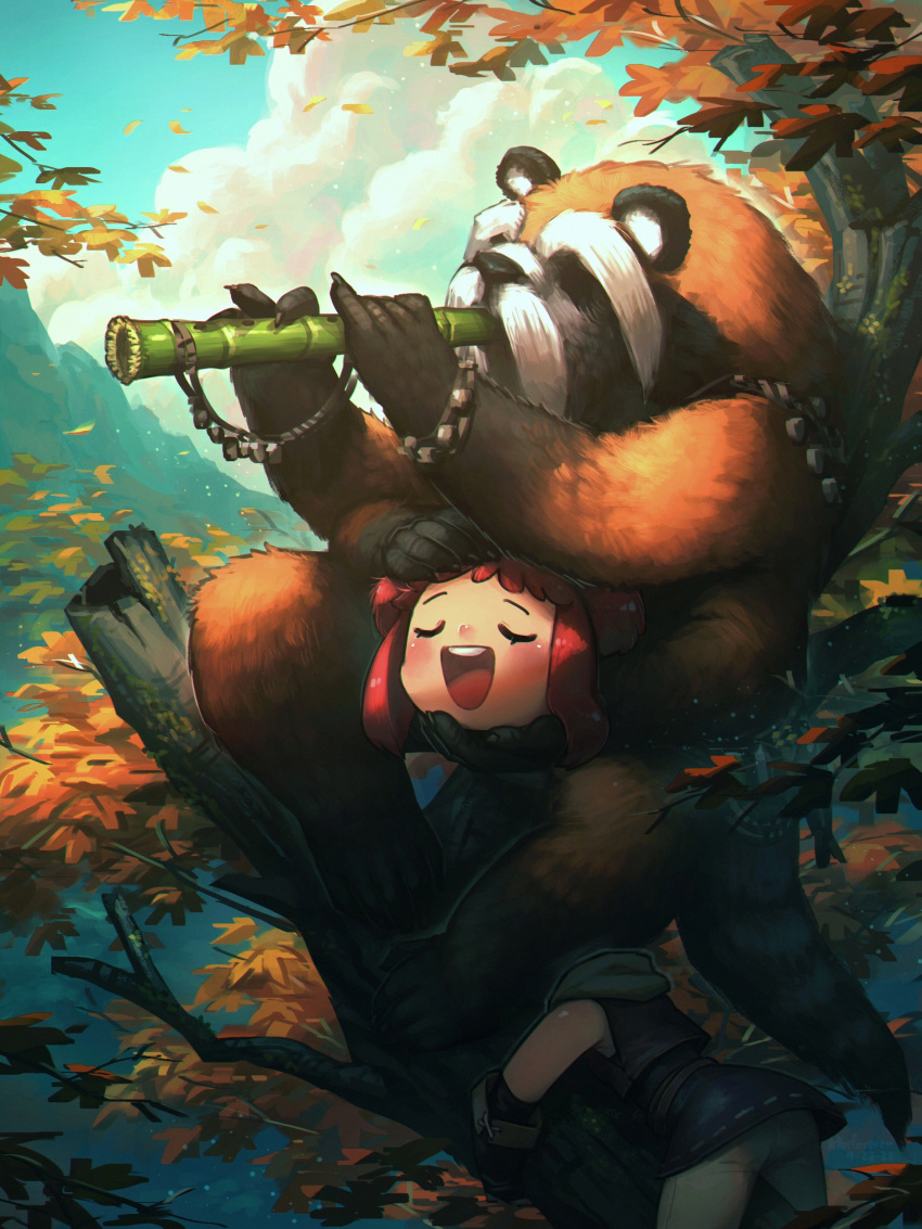 1girl :d absurdres animal autumn_leaves bamboo branch closed_eyes disembodied_head dullahan english_commentary enne_(porforever) extra_arms fantasy flute headless highres holding_head instrument music original playing_instrument porforever red_hair sleeveless smile tail teeth tree upper_teeth_only
