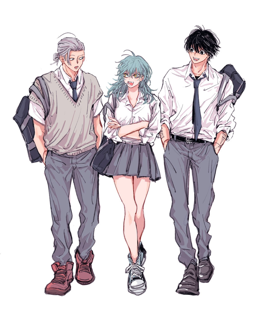 1girl 2boys akao_rion arm_tattoo bag belt black_belt black_eyes black_footwear black_hair black_necktie blue_hair collared_shirt crossed_arms full_body grey_hair grey_pants grey_skirt grey_vest hair_bun hair_pulled_back highres long_hair miniskirt mouth_hold multiple_boys nagumo_(sakamoto_days) necktie neuchimonai open_mouth pants red_footwear sakamoto_days sakamoto_taro school_bag shirt shoes short_hair simple_background skirt sleeves_rolled_up smile sneakers standing tattoo vest white_background white_shirt yellow_eyes