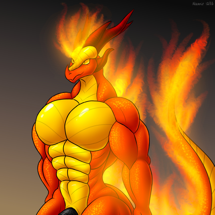 abs abstract_background ahkvenir anthro belly black_penis dragon fire flaming_hair flaming_mane flaming_tail genitals half-length_portrait hi_res horn male muscular muscular_male nude pecs penis penis_base portrait pseudo_hair pseudo_mane red_body solo standing tail yellow_belly