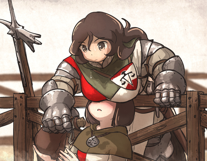 2girls ahoge_page_(ironlily) armor armored_gloves balance_scale_print bent_over blush bob_cut breast_rest breasts breasts_on_head brown_capelet brown_hair canteen capelet commentary covered_eyes crest english_commentary faulds fence gambeson gauntlets halberd highres ironlily lady_lucerne_(ironlily) large_breasts layered_armor long_hair lucerne_hammer medieval multiple_girls no_headwear ordo_mediare_sisters_(ironlily) pauldrons planted plate_armor polearm sheath sheathed short_hair shoulder_armor surcoat sweat weapon wooden_fence yuri