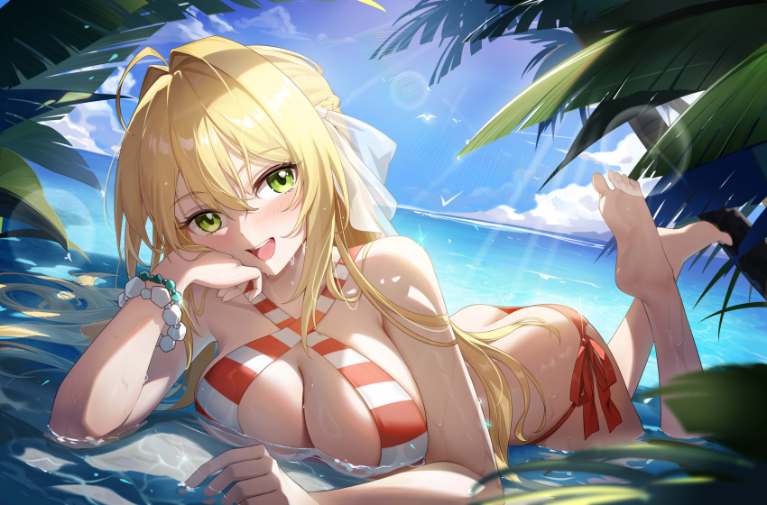 1girl absurdres ahoge bare_shoulders barefoot beach bead_bracelet beads bikini blonde_hair blue_sky blush bracelet braid breasts cleavage collarbone criss-cross_halter fate/grand_order fate_(series) french_braid green_eyes hair_bun hair_intakes hair_ribbon halterneck highres jewelry large_breasts leaf long_hair looking_at_viewer lying nero_claudius_(fate) nero_claudius_(swimsuit_caster)_(fate) on_stomach open_mouth red_bikini ribbon shenqi_xiao_hong_zai_nali shore sky smile solo striped striped_bikini swimsuit the_pose wet white_ribbon