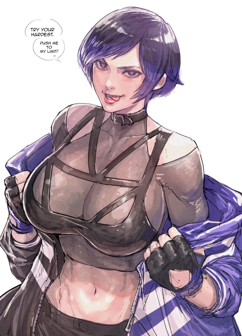 1girl absurdres black_gloves breasts choker cirenk cleavage colored_tips crop_top duplicate english_text gloves heart heart-shaped_pupils highres jacket large_breasts licking_lips looking_at_viewer multicolored_hair pixel-perfect_duplicate purple_hair purple_jacket reina_(tekken) speech_bubble symbol-shaped_pupils teeth tekken tekken_8 tongue tongue_out