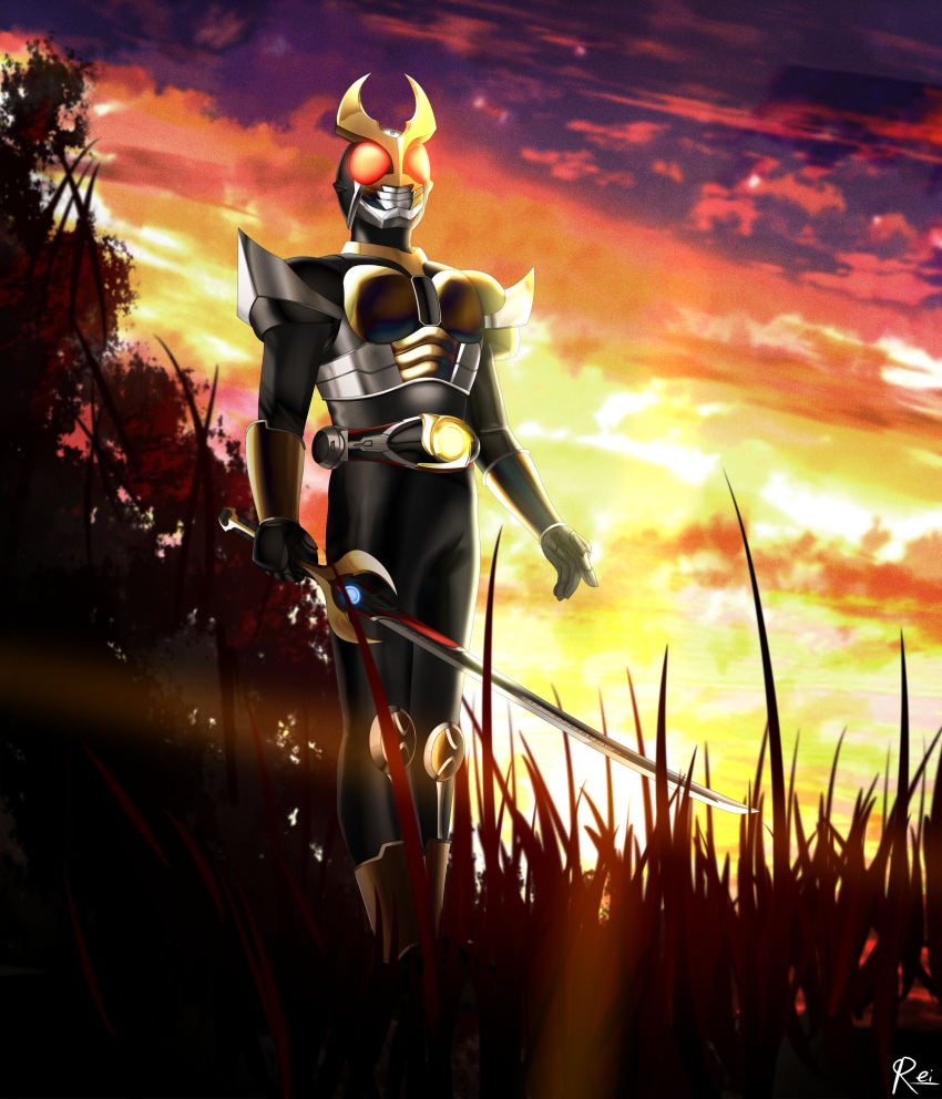 1boy absurdres agito_(ground_form) altering_(agito) black_bodysuit bodysuit english_commentary flame_saber gold_armor grass highres holding holding_sword holding_weapon kamen_rider kamen_rider_agito kamen_rider_agito_(series) looking_up outdoors reiei_8 rider_belt stag_beetle standing sunlight sunset sword tokusatsu tree weapon