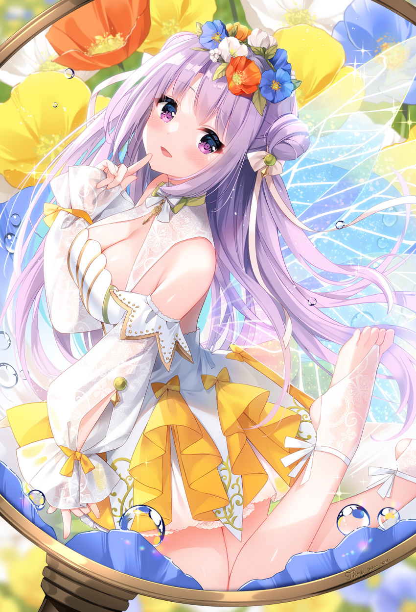 1girl \m/ bare_shoulders breasts bridal_legwear character_request cleavage_cutout clothing_cutout detached_sleeves fairy fairy_wings finger_to_mouth flower flower_wreath foot_out_of_frame glass hair_bun head_tilt highres jewelry kagachi_saku key_necklace large_breasts leg_up legs looking_at_viewer magnifying_glass necklace no_shoes open_mouth pinching_sleeves puffy_sleeves purple_eyes purple_hair solo toeless_legwear toes transparent_wings water_drop wings