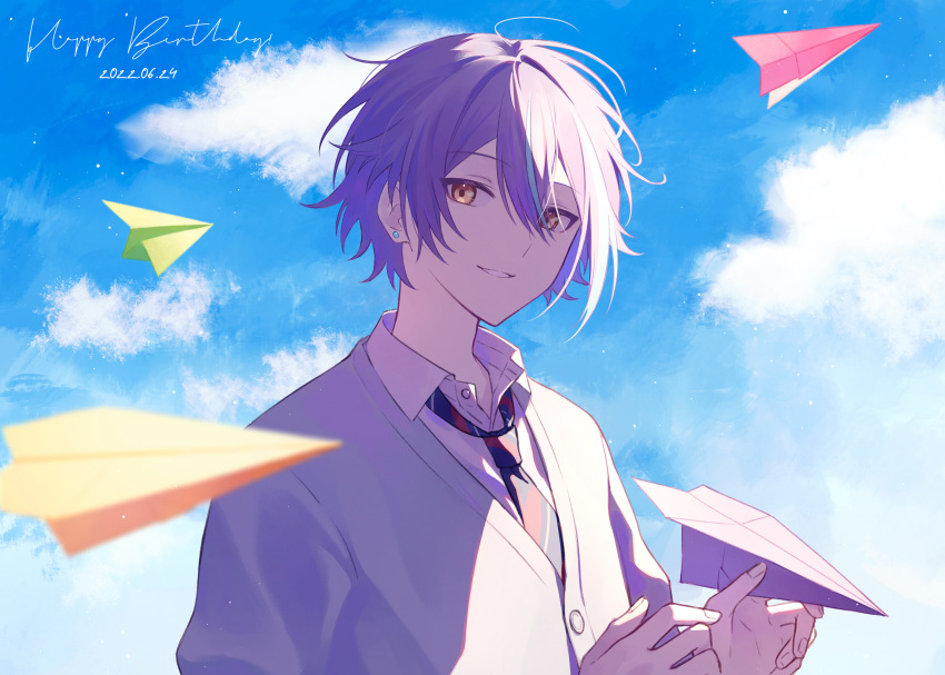 1boy 32_oogawa aqua_hair blue_necktie blue_sky buttons cardigan closed_mouth cloud cloudy_sky collared_shirt commentary cursive dated day diagonal-striped_necktie earrings fingernails floating floating_object grey_cardigan hair_between_eyes happy_birthday highres holding jewelry kamishiro_rui kamiyama_high_school_uniform_(project_sekai) long_bangs loose_necktie male_focus multicolored_hair multicolored_necktie necktie open_clothes open_collar open_shirt outdoors paper_airplane parted_lips partially_unbuttoned project_sekai purple_hair red_necktie school_uniform shirt short_hair sidelighting sky smile solo streaked_hair stud_earrings sunlight tsurime two-tone_hair upper_body white_necktie white_shirt yellow_eyes