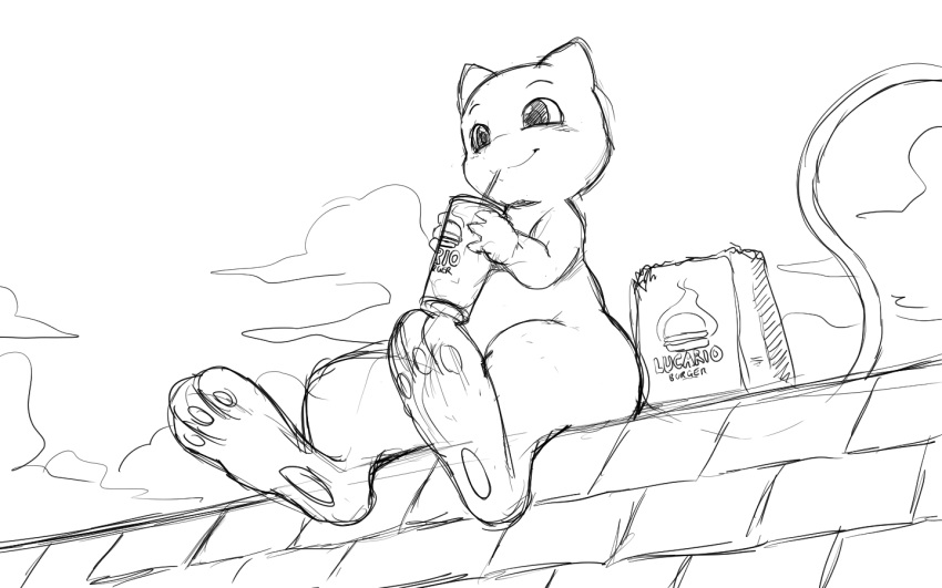 2023 3_toes ambiguous_gender anthro bag biped black_and_white container cup drinking english_text fast_food feet food food_bag generation_1_pokemon legendary_pokemon long_tail mew_(pokemon) monochrome nintendo outside pawpads pokemon pokemon_(species) sitting sketch smile solo straw tail text toes winick-lim