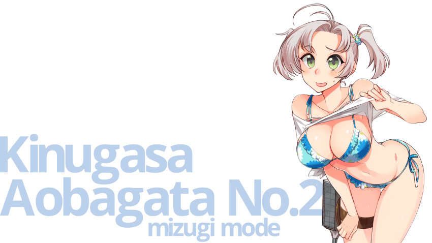 1girl antenna_hair bikini blue_bikini breasts character_name cleavage clothes_lift commentary_request cowboy_shot floral_print green_eyes grey_hair hair_tie highres kantai_collection kinugasa_(kancolle) kusanagi_tonbo large_breasts leaning_forward lifted_by_self looking_at_viewer machinery official_alternate_costume open_mouth shirt_lift short_hair short_twintails side-tie_bikini_bottom simple_background solo swimsuit twintails white_background