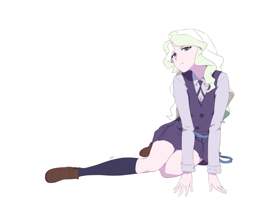 1girl ar_jart blonde_hair blue_eyes closed_mouth diana_cavendish dress full_body highres kneehighs little_witch_academia loafers long_sleeves luna_nova_school_uniform multicolored_hair pinafore_dress school_uniform shoes simple_background sitting socks streaked_hair thighs white_background yokozuwari