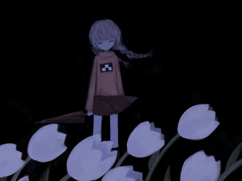 1girl black_background braid brown_hair closed_eyes closed_umbrella facing_viewer flower highres holding holding_umbrella io_(10_io_lo) long_hair long_sleeves madotsuki pink_sweater red_skirt skirt solo standing sweater tulip turtleneck twin_braids umbrella white_flower wind yume_nikki